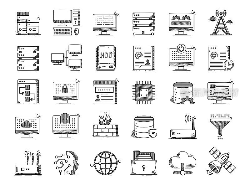 网络技术手绘矢量涂鸦线图标集