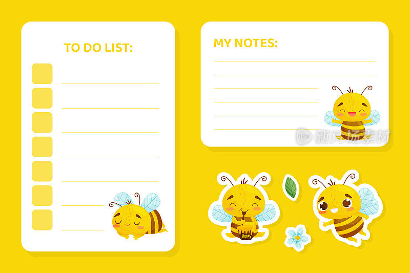 可爱的蜜蜂笔记和待办事项页面设计与繁忙的昆虫矢量模板