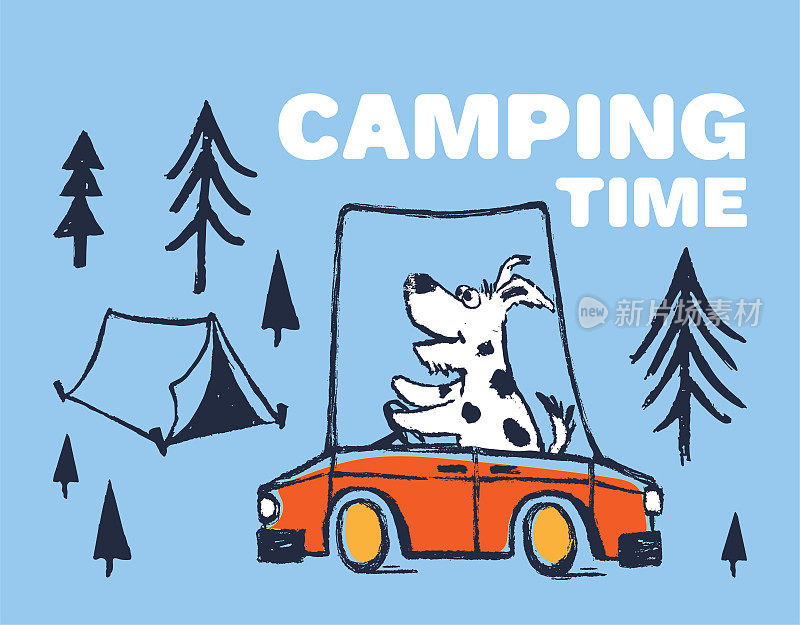 狗狗野营车有趣凉爽的夏季t恤印花设计。自驾游。野营度假动物