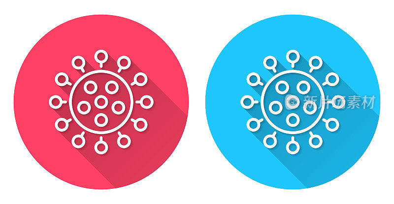 冠状病毒细胞(COVID-19)圆形图标与长阴影在红色或蓝色的背景