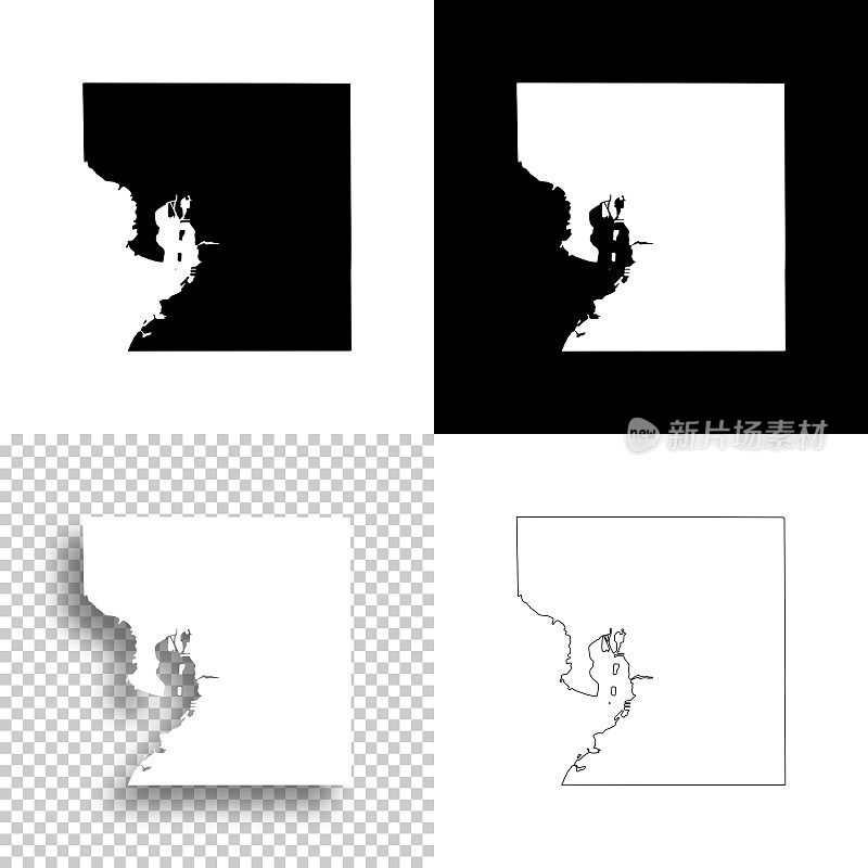 佛罗里达州希尔斯堡县。设计地图。空白，白色和黑色背景