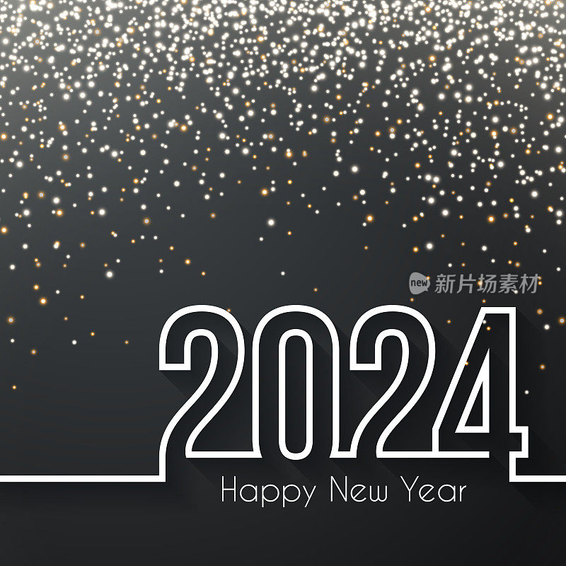 2024年新年快乐，金色闪光-黑色背景