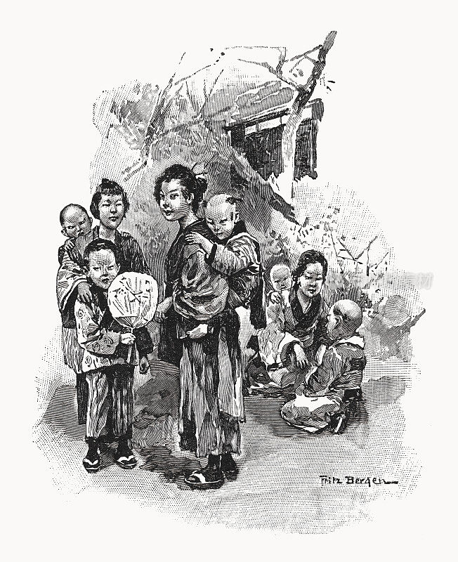 年轻的日本女孩抱着她们的兄弟姐妹，木版雕刻，1900年出版