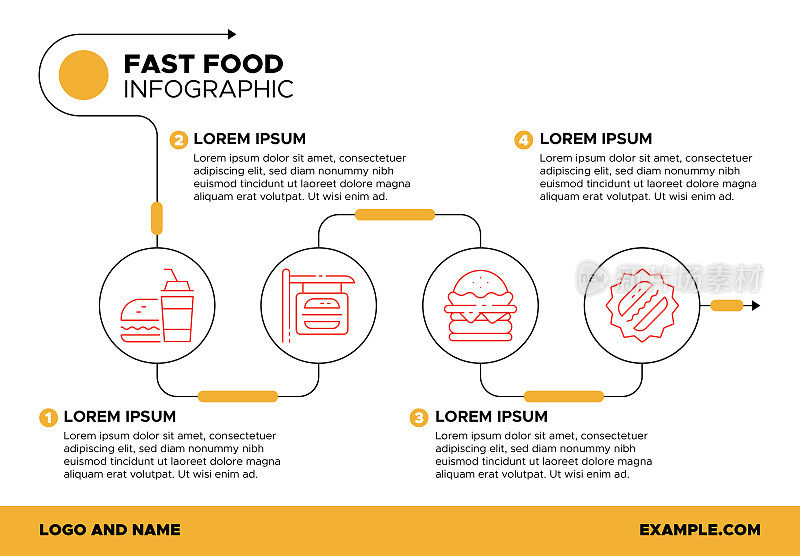快餐图标信息图表模板:汉堡包，比萨饼，苏打水，薯条
