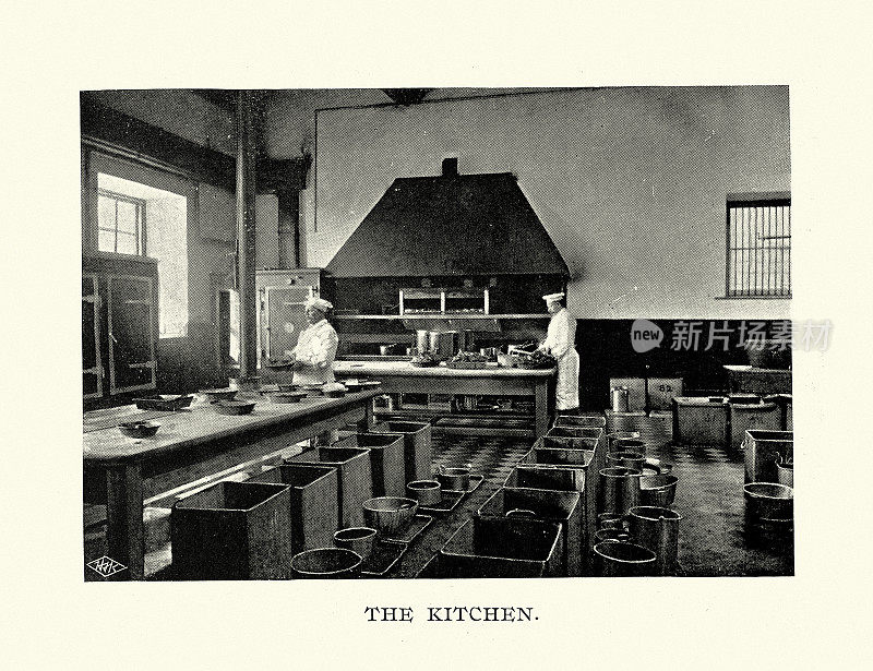 19世纪90年代，汉普郡戈斯波特，哈斯拉皇家海军医院厨房里的烹饪史，厨师，厨师，锅，平底锅，炊具
