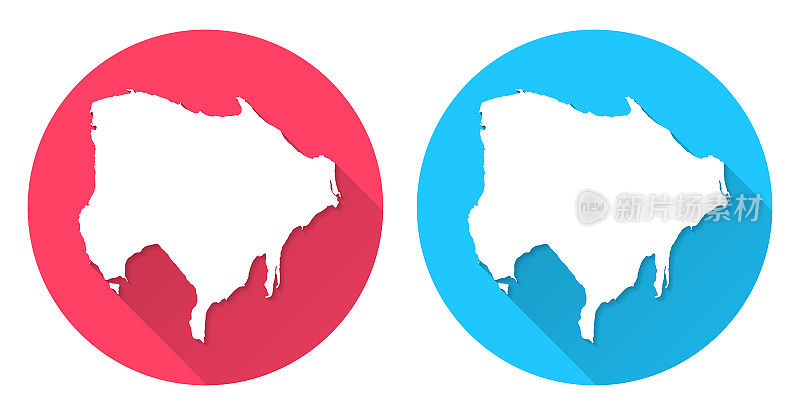吉尔巴岛的地图。圆形图标与长阴影在红色或蓝色的背景