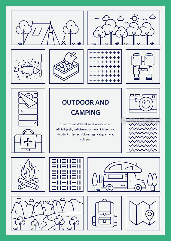 户外和露营相关的矢量横幅设计概念。全局多球体随时可用的模板。网页横幅，网站标题，杂志，移动应用程序等。现代设计。