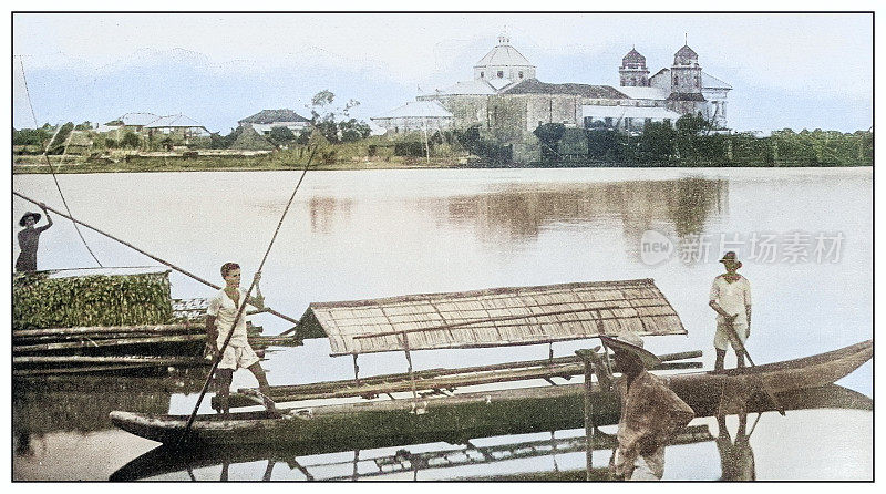 古董黑白照片:独木舟，帕西格河，菲律宾