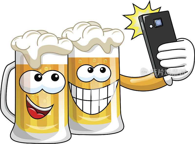 卡通啤酒杯自拍智能手机孤立
