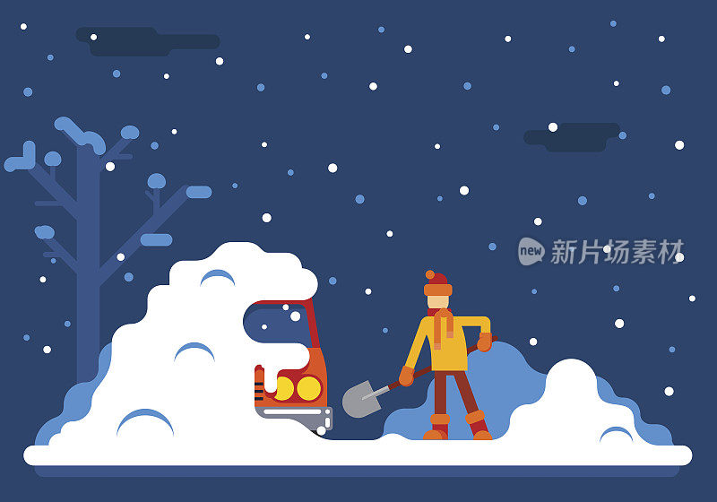 冬天的人挖车雪背景平面设计