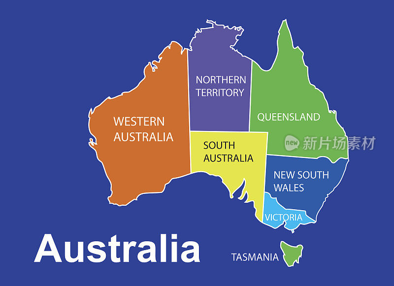 澳大利亚彩色地图以蓝色为背景，澳大利亚地图矢量