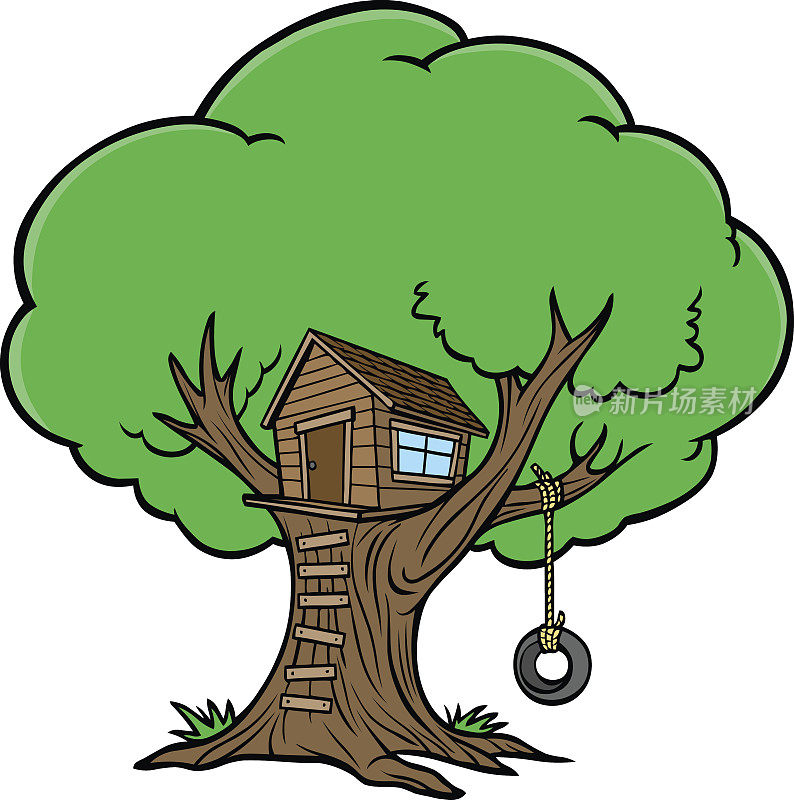 卡通描绘的树屋与轮胎摆动