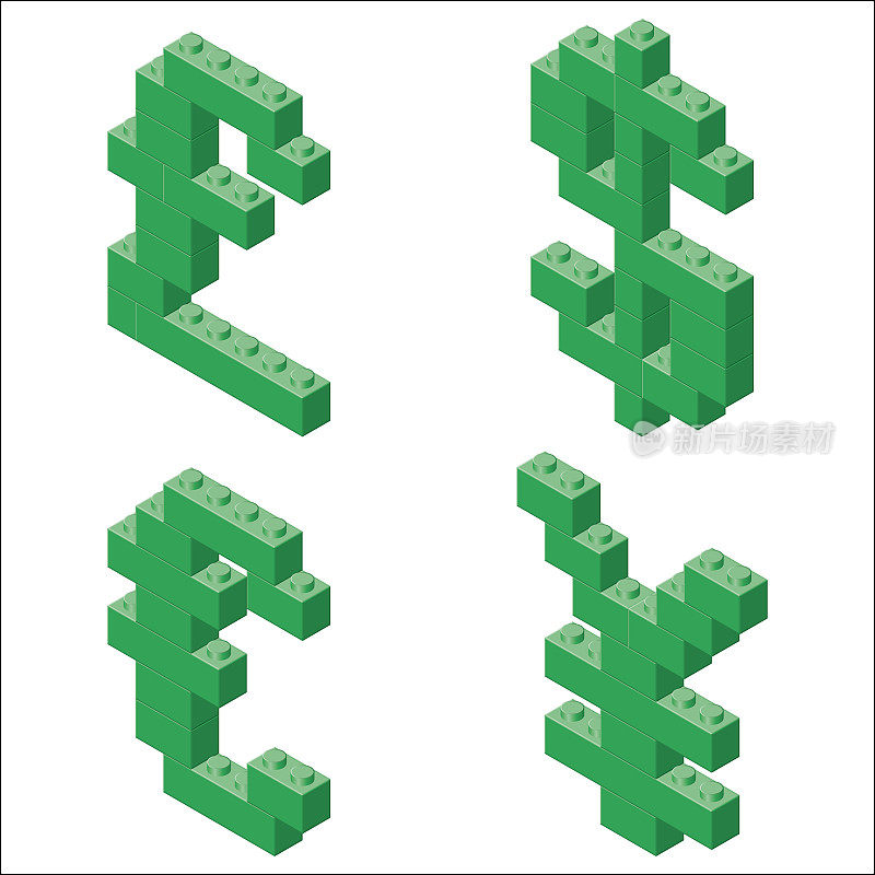 玩具砖货币符号。