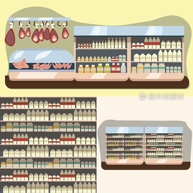 乳品部、超市牛奶货架用新鲜健康食品，大选择有机农产品在食品店内部销售，店内用酸奶和奶酪矢量插图
