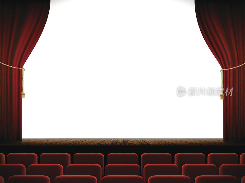 电影院里的白色屏幕，配有舞台和椅子