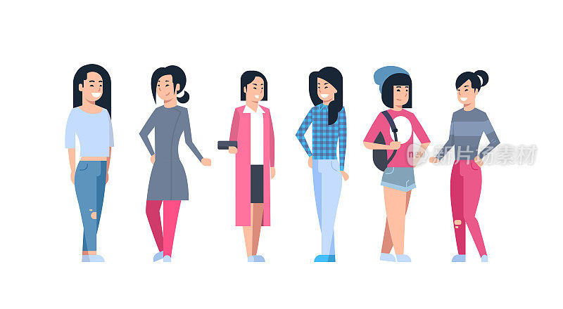 年轻的亚洲女性偶像设置中国或日本女性群体穿着现代休闲服装全长孤立集合