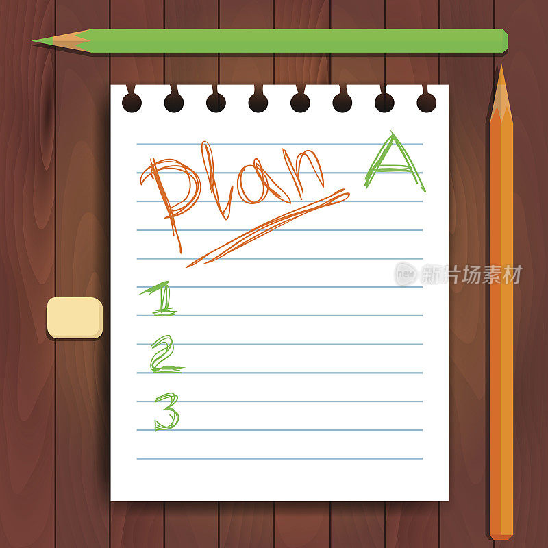 计划在纸上，绿色，橙色的铅笔
