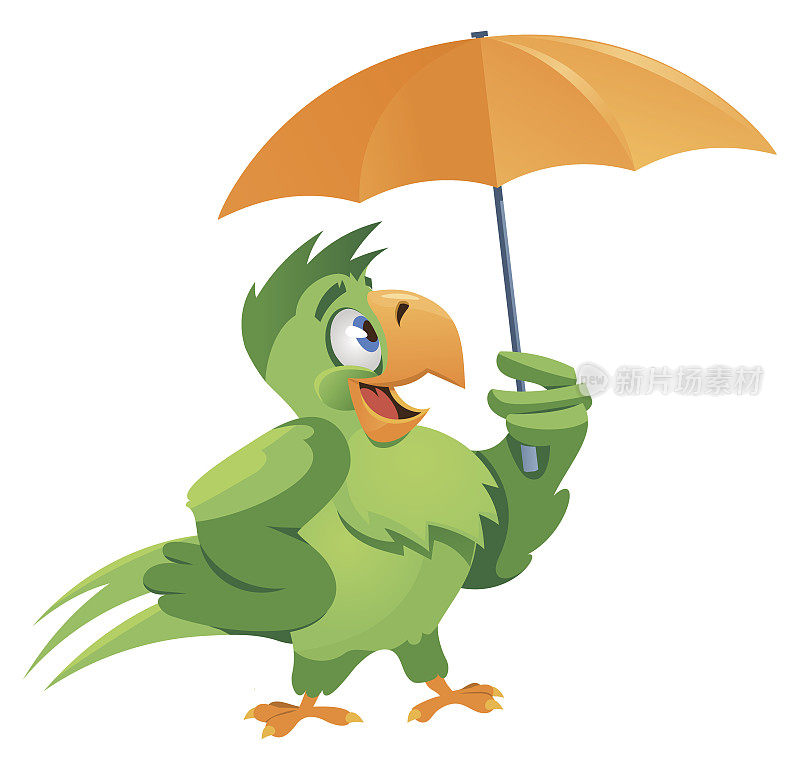 坏天气。带伞的滑稽鹦鹉