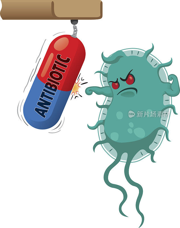 一个超级细菌的卡通代表微生物，因为药物或抗生素而变得强壮和坚韧。理想的信息和药用材料