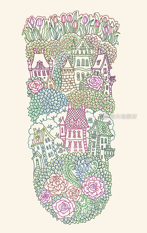 向量色彩斑斓的轮廓勾勒出梦幻的景观，树，玫瑰，郁金香花，仙女小镇建筑和花园在米色的背景。T恤打印。涂色书垂直页，海报，刺绣印刷
