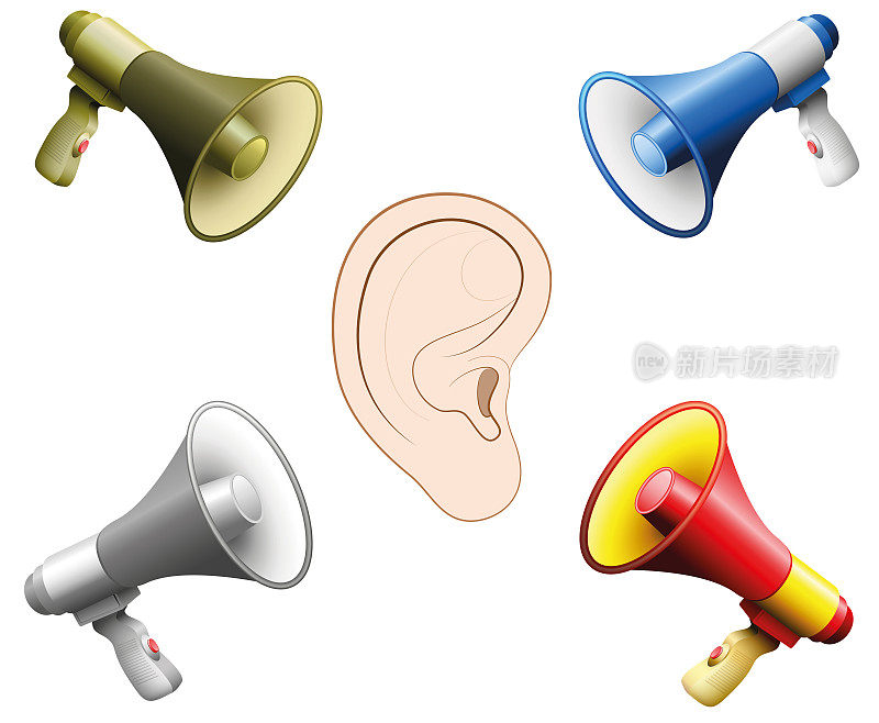 噪音过大造成的听力损害。听力损伤、耳鸣、听力障碍、因扩音器的叫喊而产生的精神压力的象征性插图——白色背景上的孤立向量。