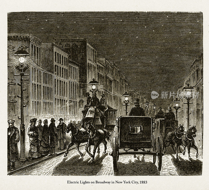百老汇维多利亚版画中的电灯街灯照明，1883年