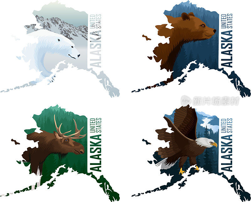 带有灰熊，秃鹰，驼鹿和北极熊的向量阿拉斯加美国州地图的集合