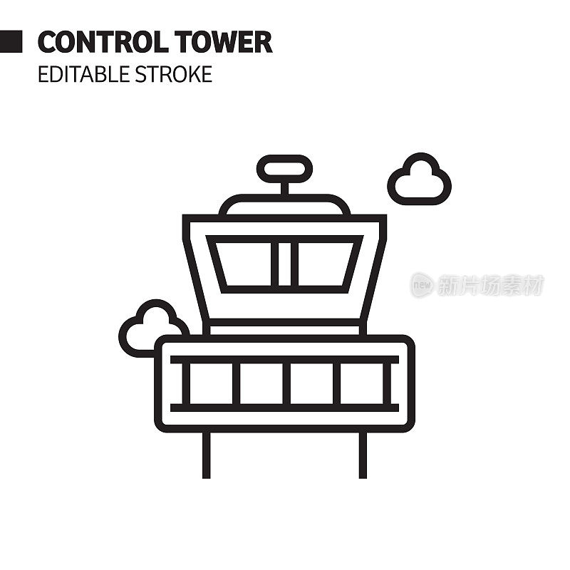 机场管制塔线图标，轮廓矢量符号插图。完美像素，可编辑的描边。