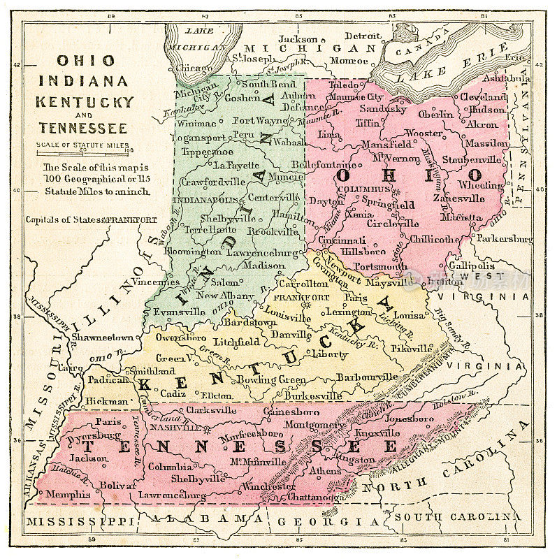 1871年俄亥俄、印第安纳、俄亥俄、肯塔基州地图