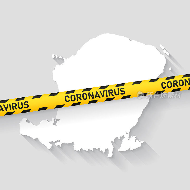 带有冠状病毒警告胶带的龙目岛地图。Covid-19爆发