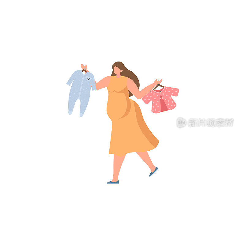 美女孕妇购物，风格化向量符号。给宝宝买东西。