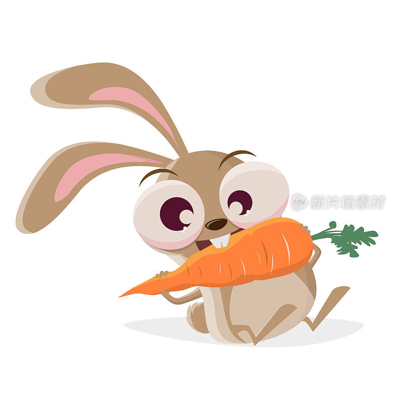 一个疯狂的兔子在吃一个大胡萝卜的滑稽卡通插图