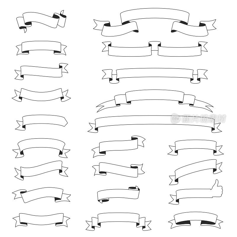 一套丝带，横幅(轮廓，线条艺术)-设计元素在白色的背景