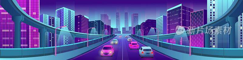 全景霓虹灯城市，明亮的房屋，立交桥，道路和汽车。矢量插图。