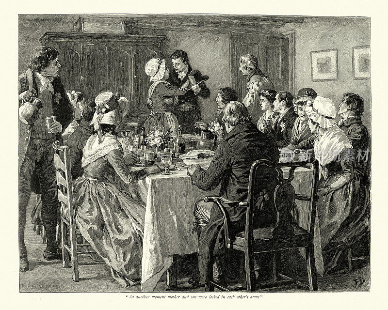 19世纪英国传统家庭围坐在餐桌旁