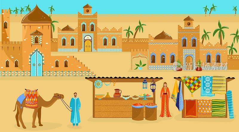 非洲旅行矢量插图，卡通平坦的沙漠非洲景观与老房子建筑或城堡，街道市场商店