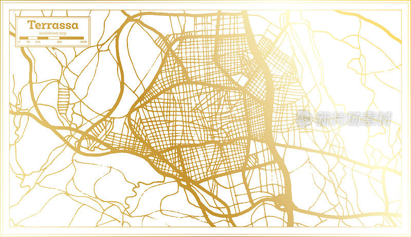 特拉萨西班牙城市地图在复古风格在金色。略图。