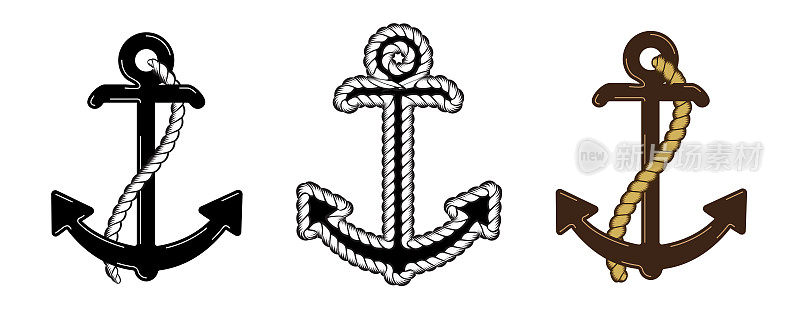 三矢量航海锚组。图标。海上。海洋船插图符号