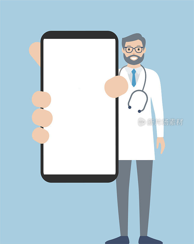 医生展示了一个空白的智能手机屏幕。卡通矢量股票插图