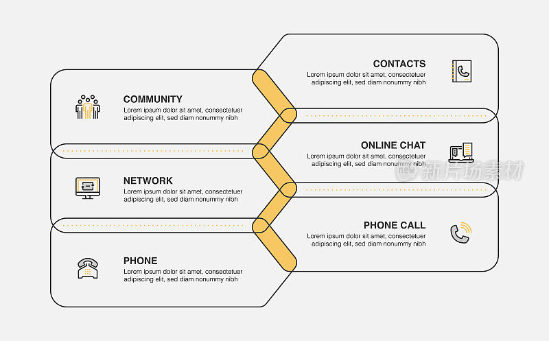 信息图表设计模板。社区，联系人，在线聊天，网络，电话，电话图标与8个选项或步骤。