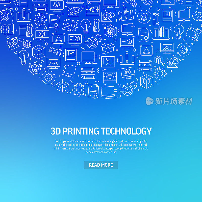 3D打印技术相关的旗帜设计与图案。现代线条风格图标矢量插图