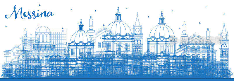 用蓝色建筑勾勒出意大利西西里岛墨西拿市的天际线。
