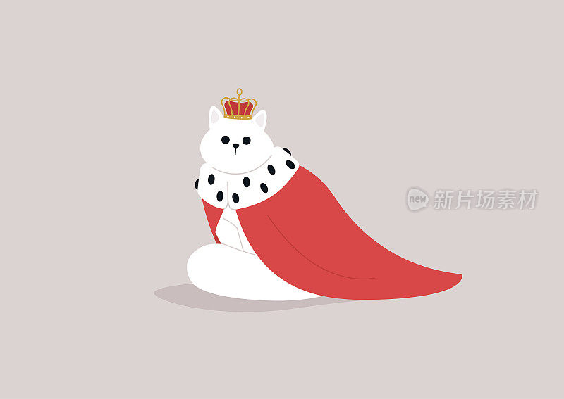 一只毛茸茸的白猫，披着红色的皇家斗篷，头戴金色的王冠