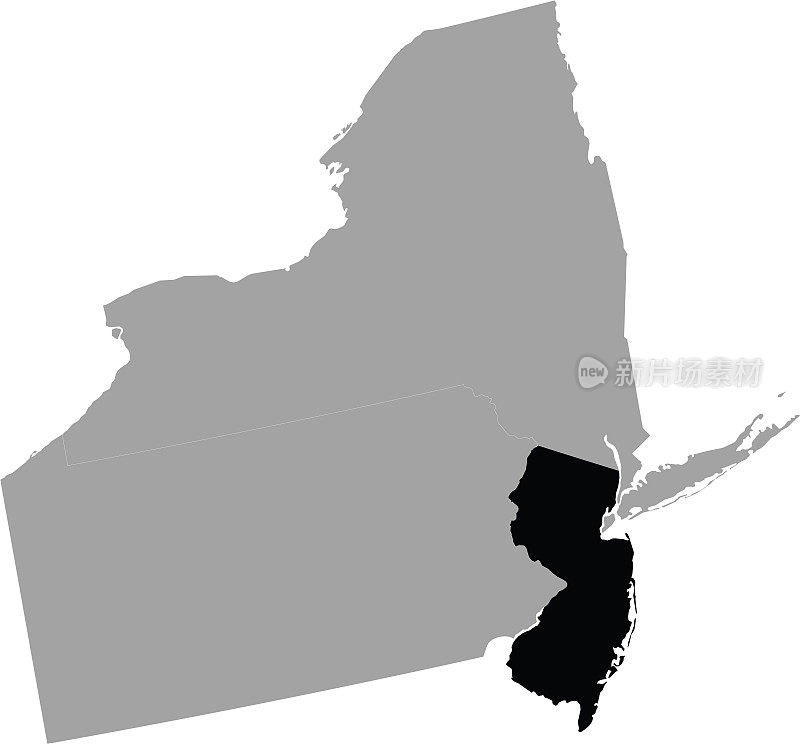 美国联邦新泽西州的黑色地图，位于美国大西洋中部地区的地图内