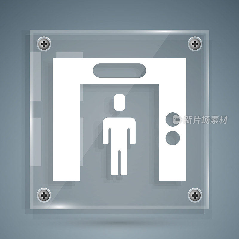 白色升降机图标孤立在灰色背景。电梯的象征。方形玻璃面板。向量