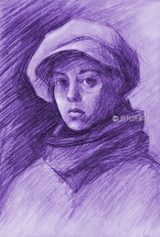 插图铅笔画肖像女人在一个温暖的围巾和羊绒帽子的遮阳板上的背景铅笔阴影纸