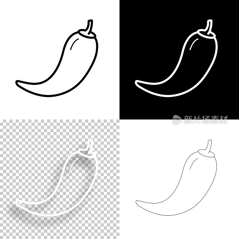 辣椒。图标设计。空白，白色和黑色背景-线图标
