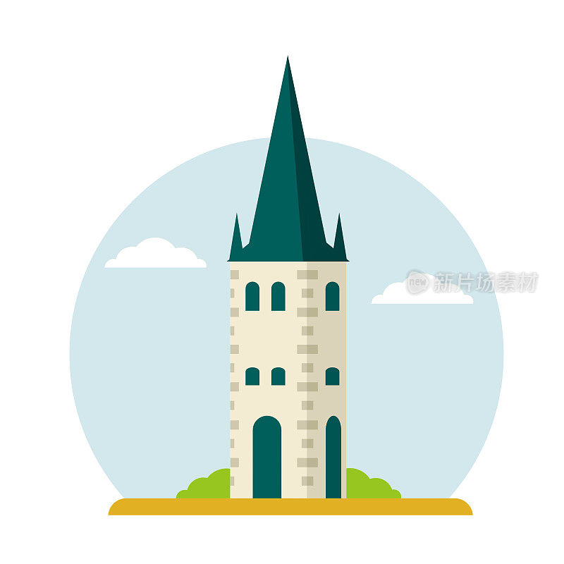 白塔。中世纪要塞和城堡的元素。爱沙尼亚首都塔林的旅游景点。圣奥拉夫教堂。历史悠久的欧洲城市。基督教的寺庙。