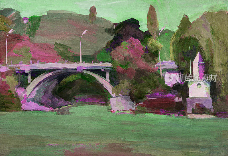 插图油画风景石桥在河的山坡上，绿草如茵，树木对着天空和河流