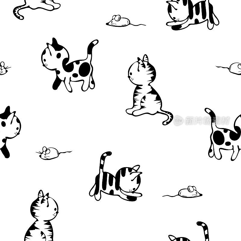 在白色背景上重复矢量图案和猫草图。简单的动物涂鸦墙纸设计。装饰猫咪时尚纺织品。